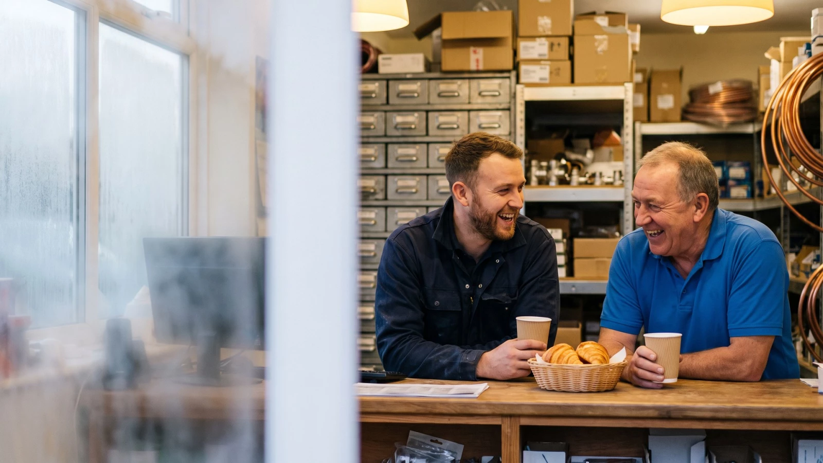 Deux installateurs rient autour d'un café et de croissants, au comptoir d'un dépôt